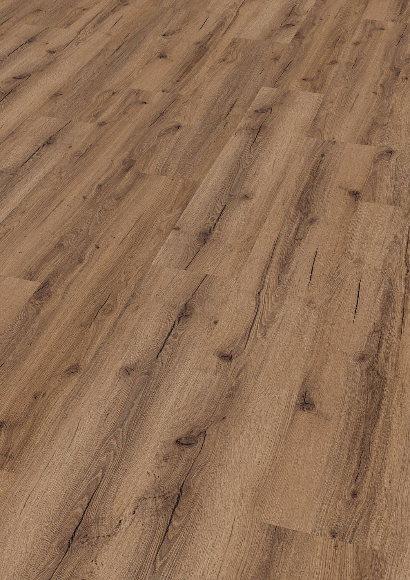 Holzdielen (Eiche‑Optik) — zeigen ausgeprägte Maserung, Astlöcher und Risse — Nahaufnahme in schräger Perspektive einer gleichmäßigen, warmbraunen Laminatbodenfläche.
