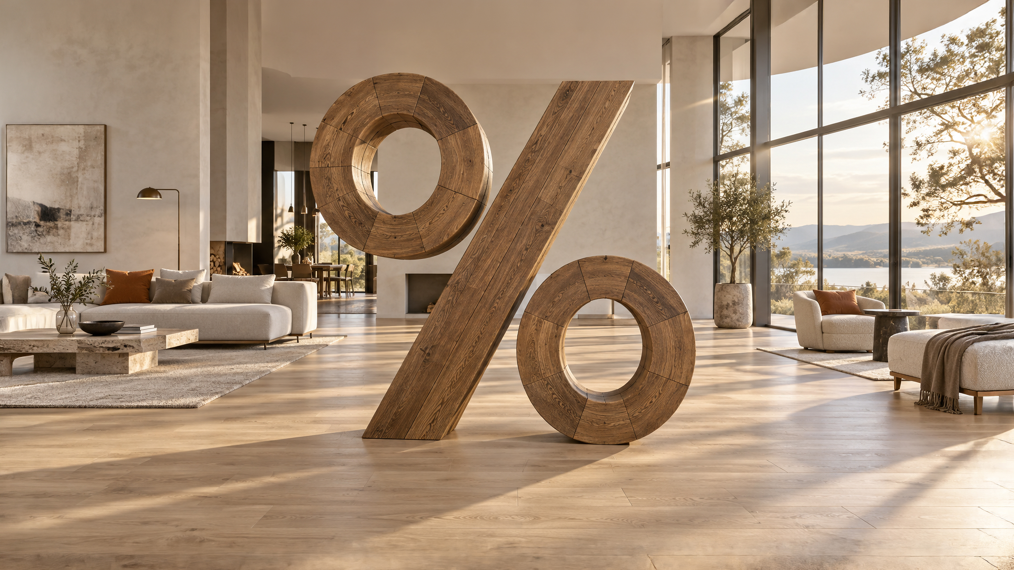 Hölzernes Prozentzeichen aus hellem Holz wird von einer Hand gehalten vor leuchtend orangefarbenem Hintergrund; die Hand trägt eine weiße Hemdmanschette.