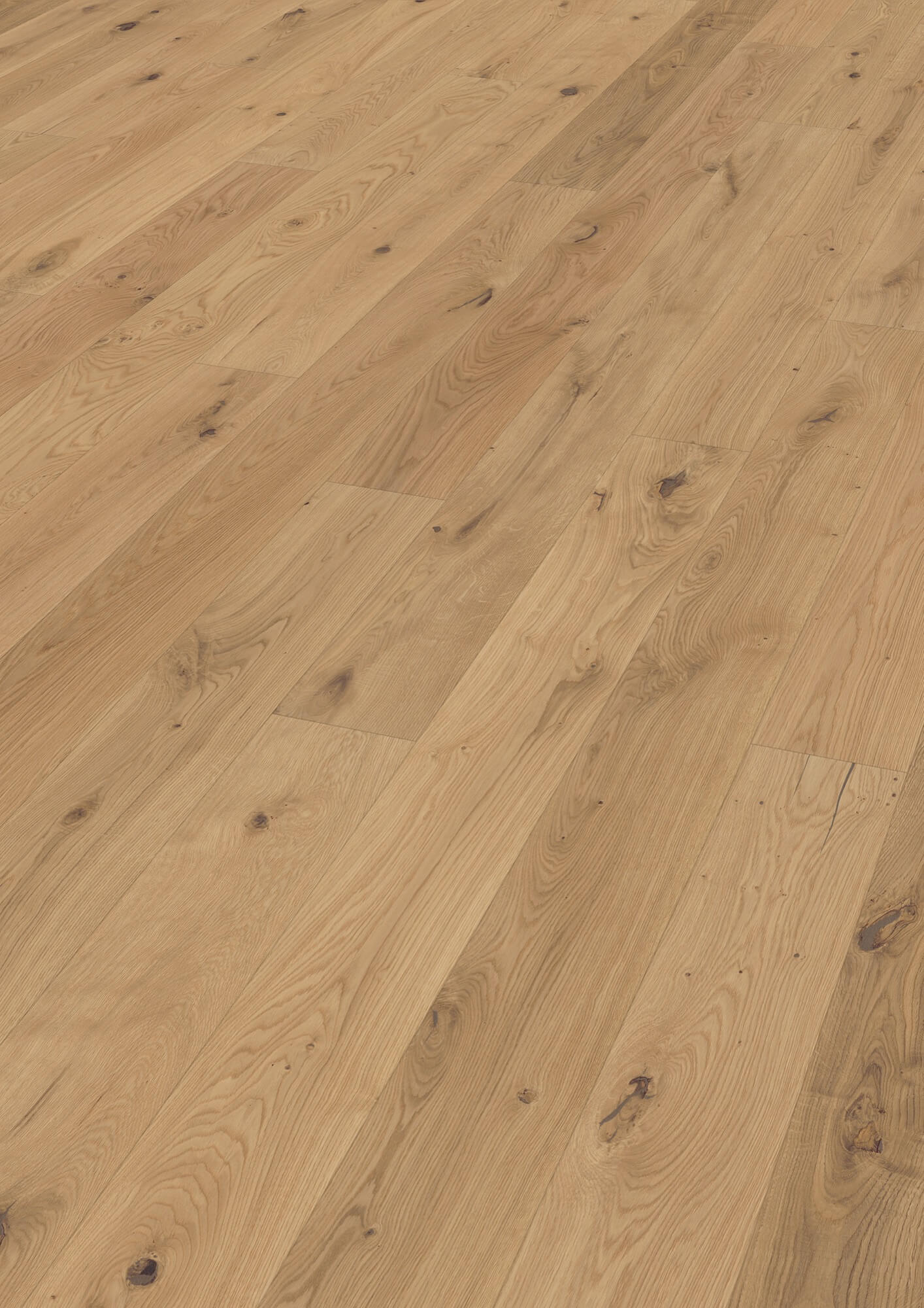 Holzdielen liegen gleichmäßig ausgelegt; diagonale Perspektive zeigt längsverlaufende Eichenplanken mit sichtbaren Astlöchern und Holzmaserung, helle naturfarbene Oberflächen in einem leeren Raum.